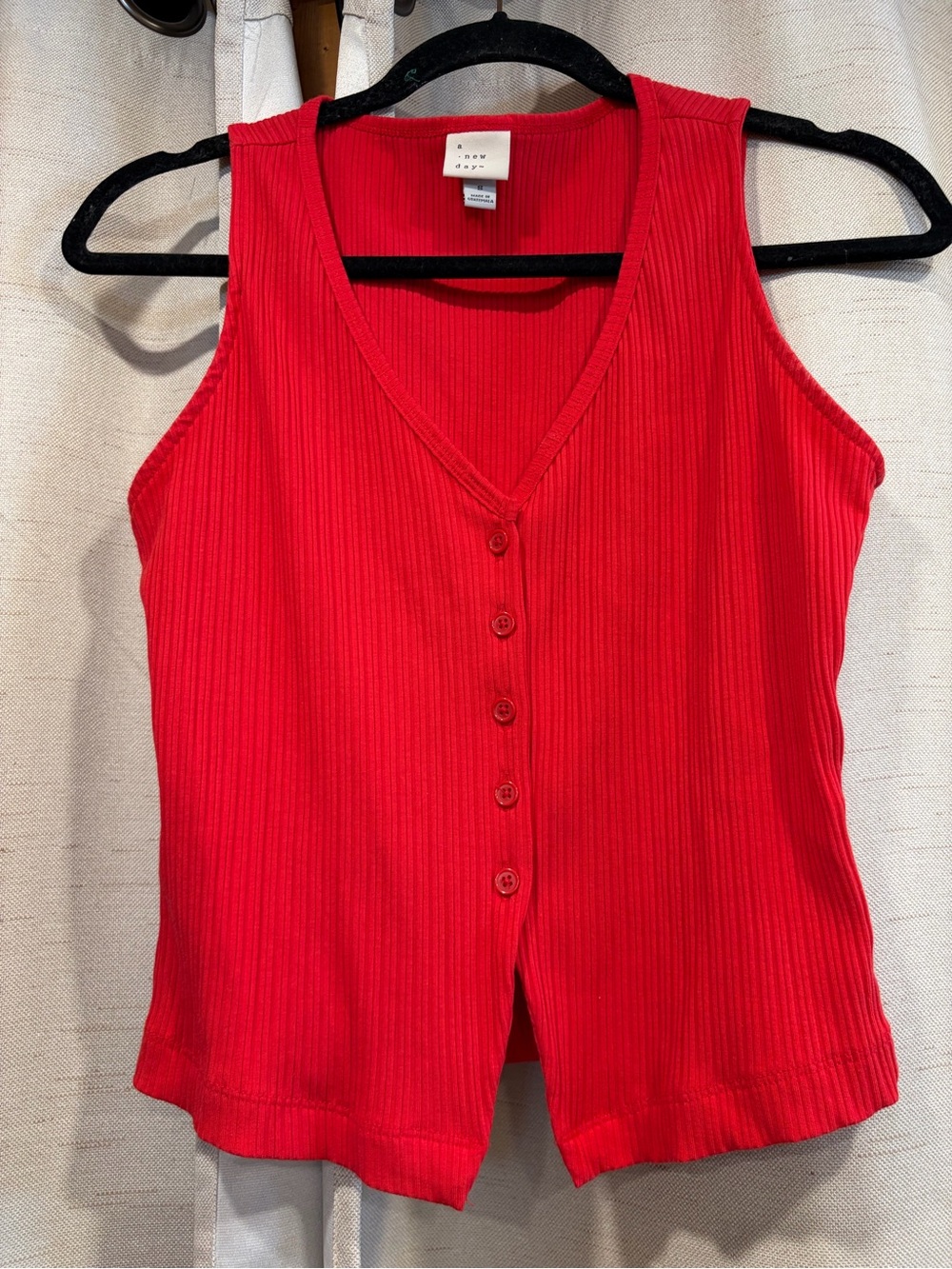 a new day Bright Red Ribbed Button-Front Tank